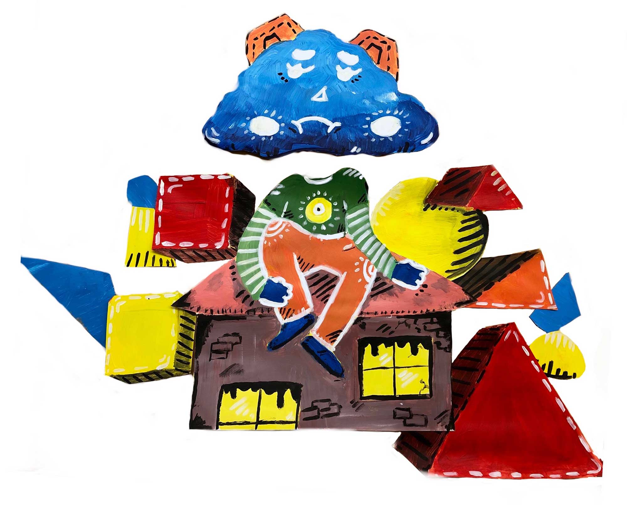 CLoud Man Sitting on a house surrounded by 3D blocks and triangles